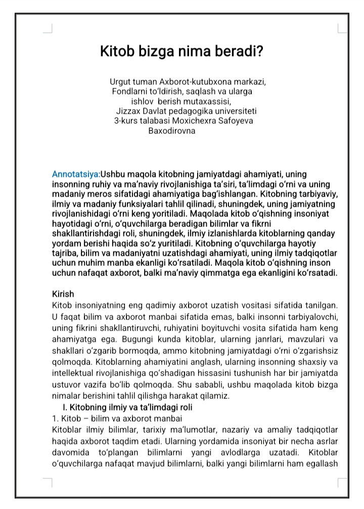 Safoyeva Mohichehraning "Kitob bizga nima beradi?" nomli maqolasi