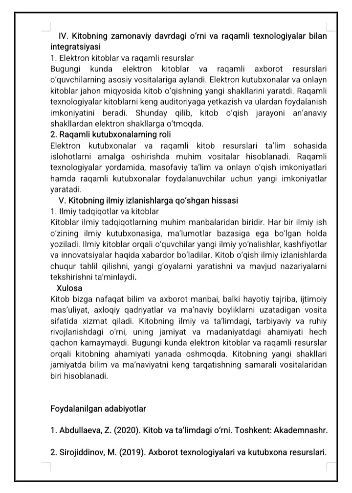 Safoyeva Mohichehraning "Kitob bizga nima beradi?" nomli maqolasi