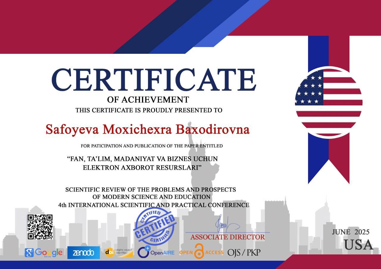 Safoyeva Mohichexraning maqolasi xalqaro jurnalda maqolasi chop etildi