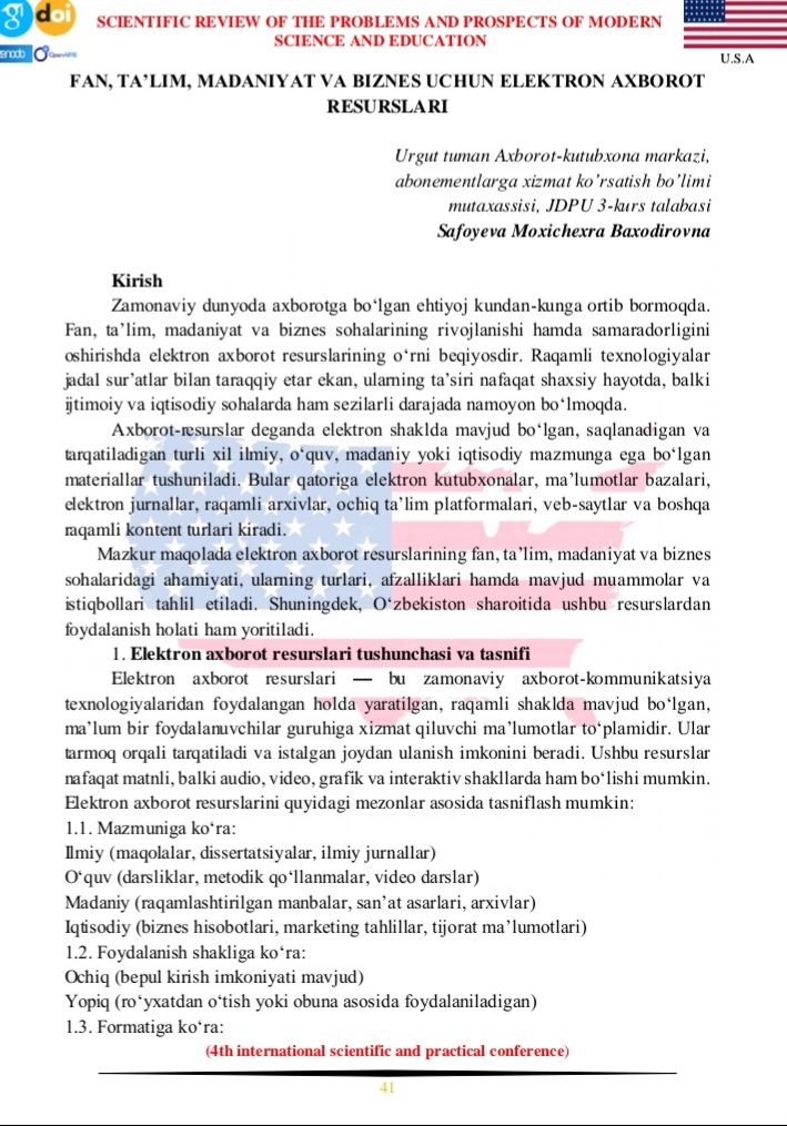 Safoyeva Mohichexraning maqolasi xalqaro jurnalda