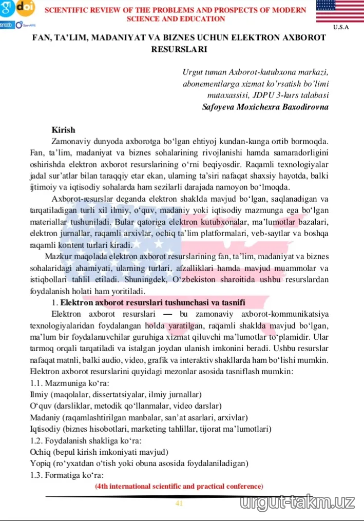Safoyeva Mohichexraning maqolasi xalqaro jurnalda